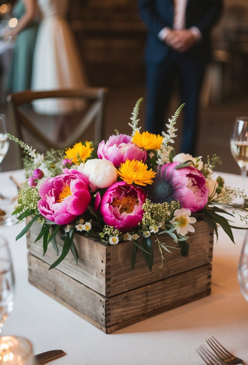 A rustic wooden box filled with vibrant peonies and wildflowers sits as a centerpiece on a wedding reception table