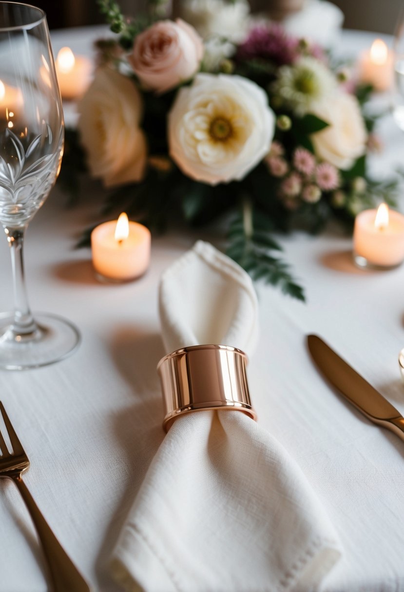 Rose gold napkin rings arranged on a white linen tablecloth with delicate floral centerpieces and flickering tea lights