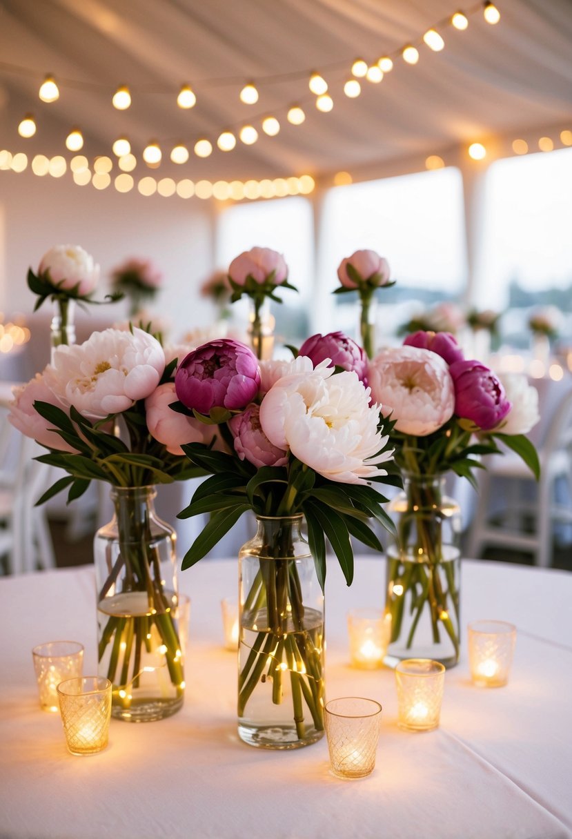 Peonies arranged in vases with string lights draped around them, casting a warm glow over a wedding reception table