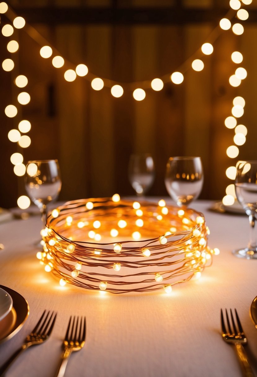 Rose gold LED fairy lights draped around a wedding table centerpiece, casting a warm and romantic glow