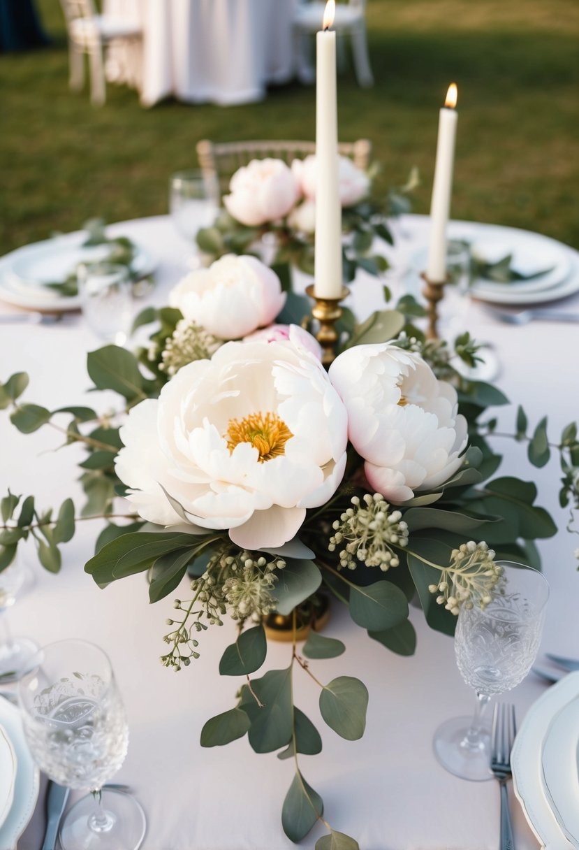 A table adorned with elegant peonies and eucalyptus accents for a wedding centerpiece