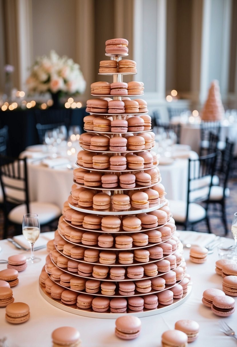 A towering display of rose gold macarons adorns a wedding table, creating a luxurious and elegant centerpiece