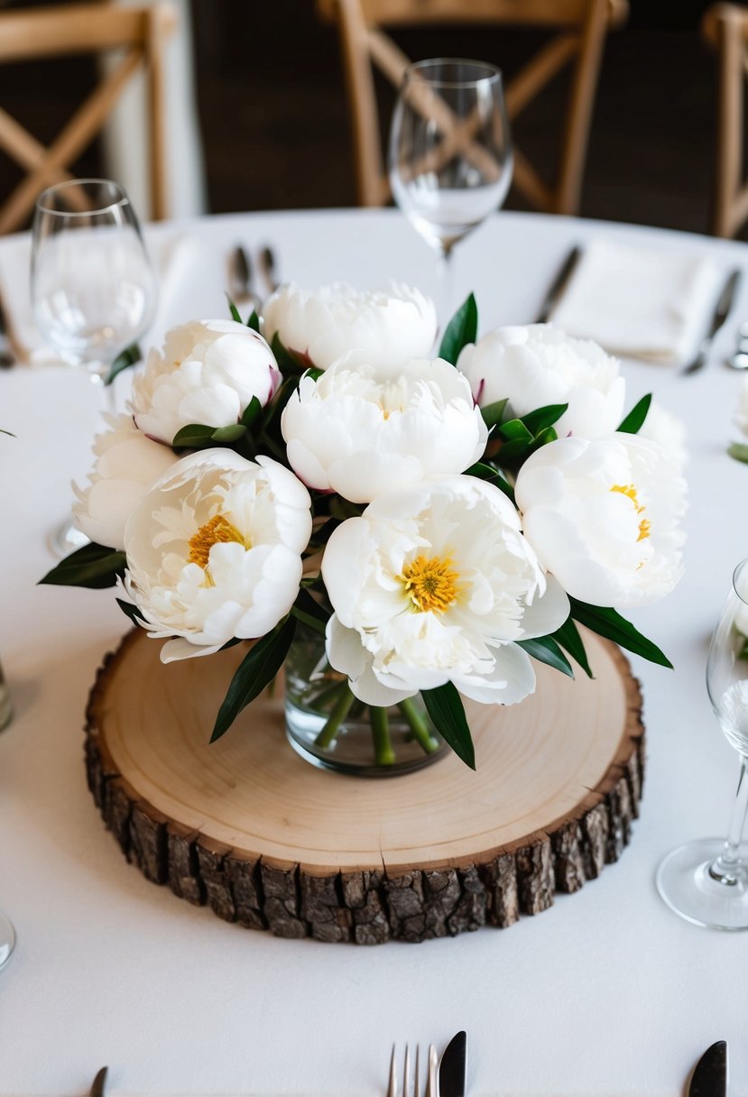 White peonies arranged in a minimalist style on a wooden slice, serving as a wedding table decoration