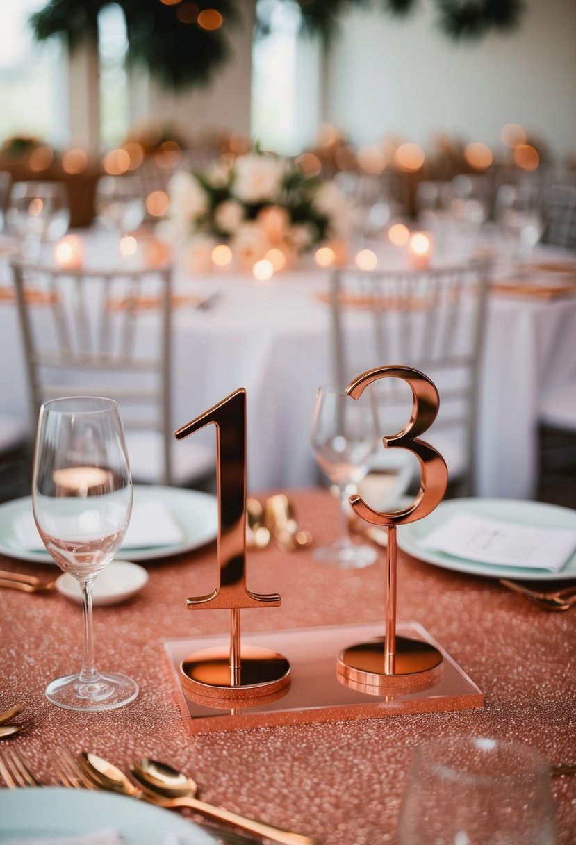 A set of rose gold table numbers arranged on a decorated wedding reception table