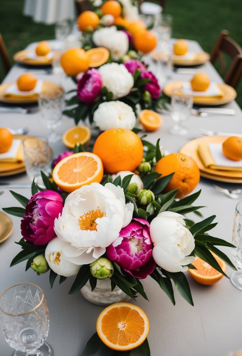 A table adorned with vibrant peonies and citrus accents for a wedding centerpiece