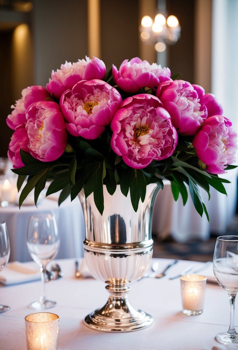 A tall silver vase filled with bold pink peonies sits as a centerpiece on a wedding table