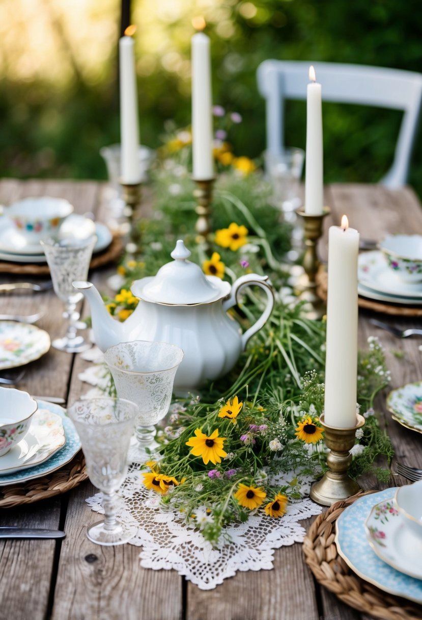 A wooden table adorned with lace, candles, and wildflowers. A vintage teapot and mismatched china add to the rustic charm