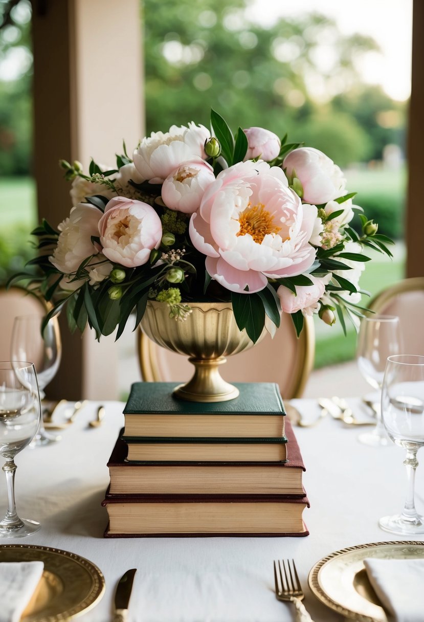 A vintage-inspired table adorned with a lush centerpiece of peonies and stacked books, creating a romantic and elegant atmosphere for a wedding celebration