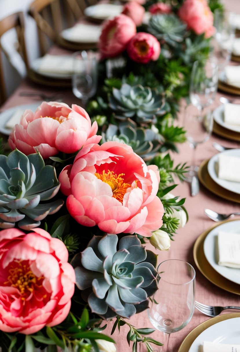 Lush coral peonies interwoven with succulents on a wedding table