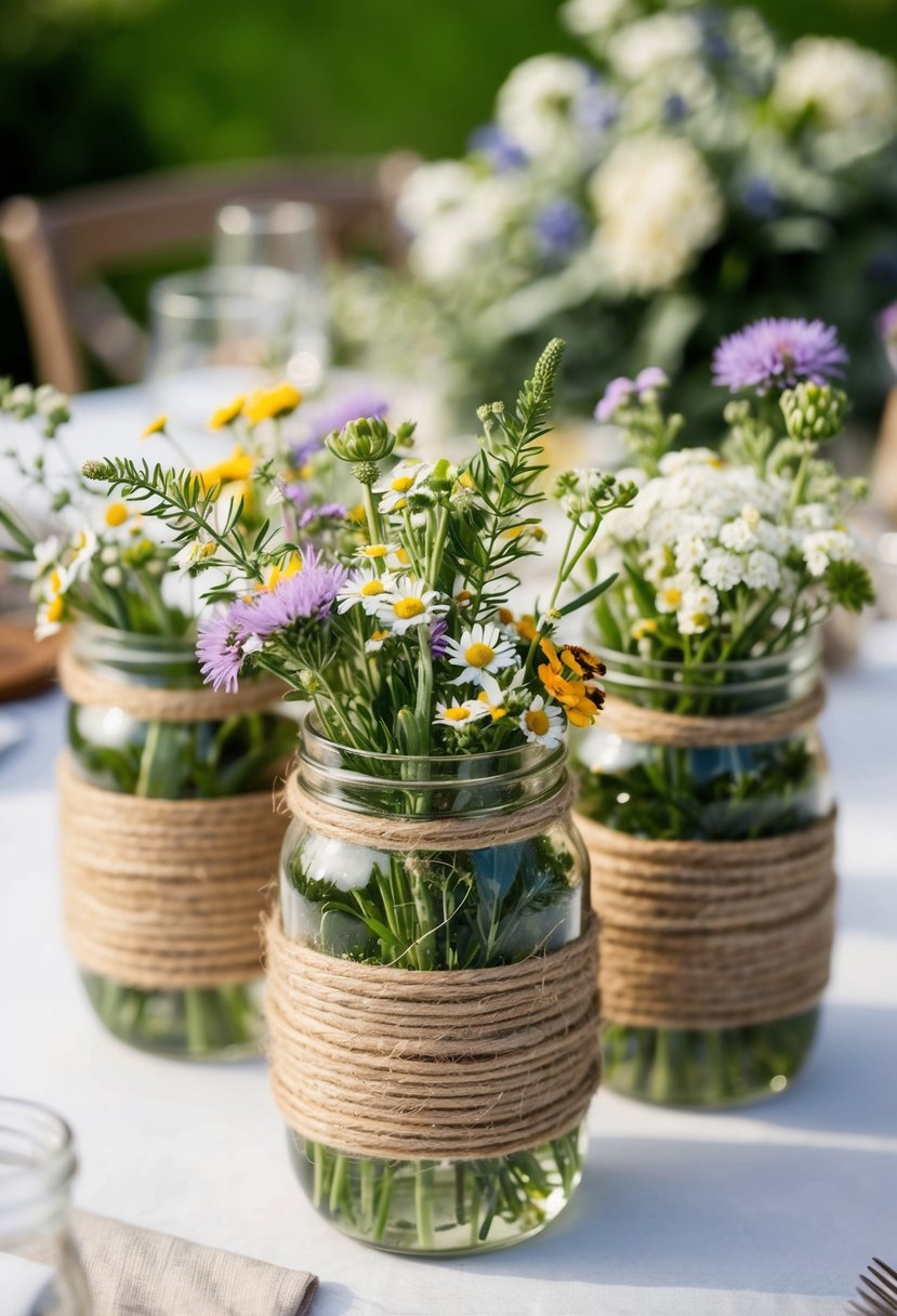 Mason jars wrapped in twine, filled with wildflowers, adorn a rustic wedding table