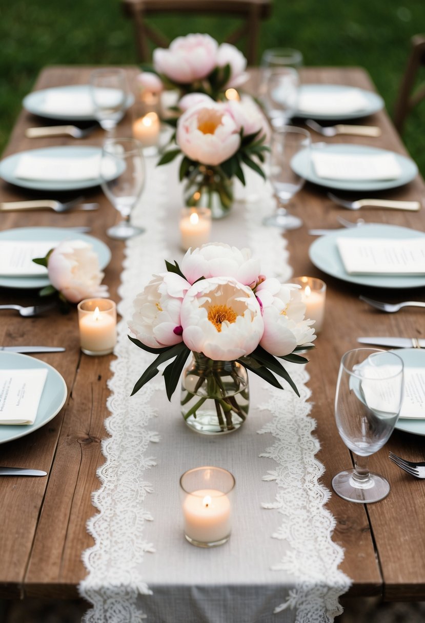 A delicate peony and lace table runner adorns a rustic wooden table, with scattered peony blooms and candles creating an elegant wedding centerpiece