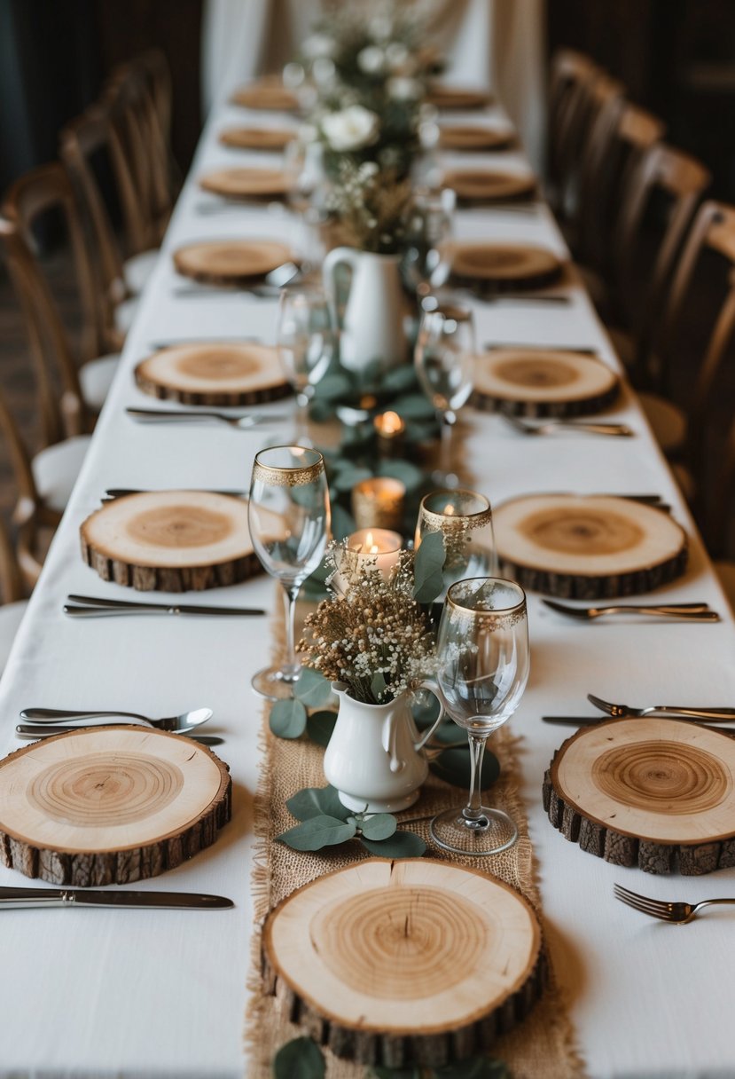 Wooden slices arranged as placemats on a vintage wedding table, adorned with rustic decorations