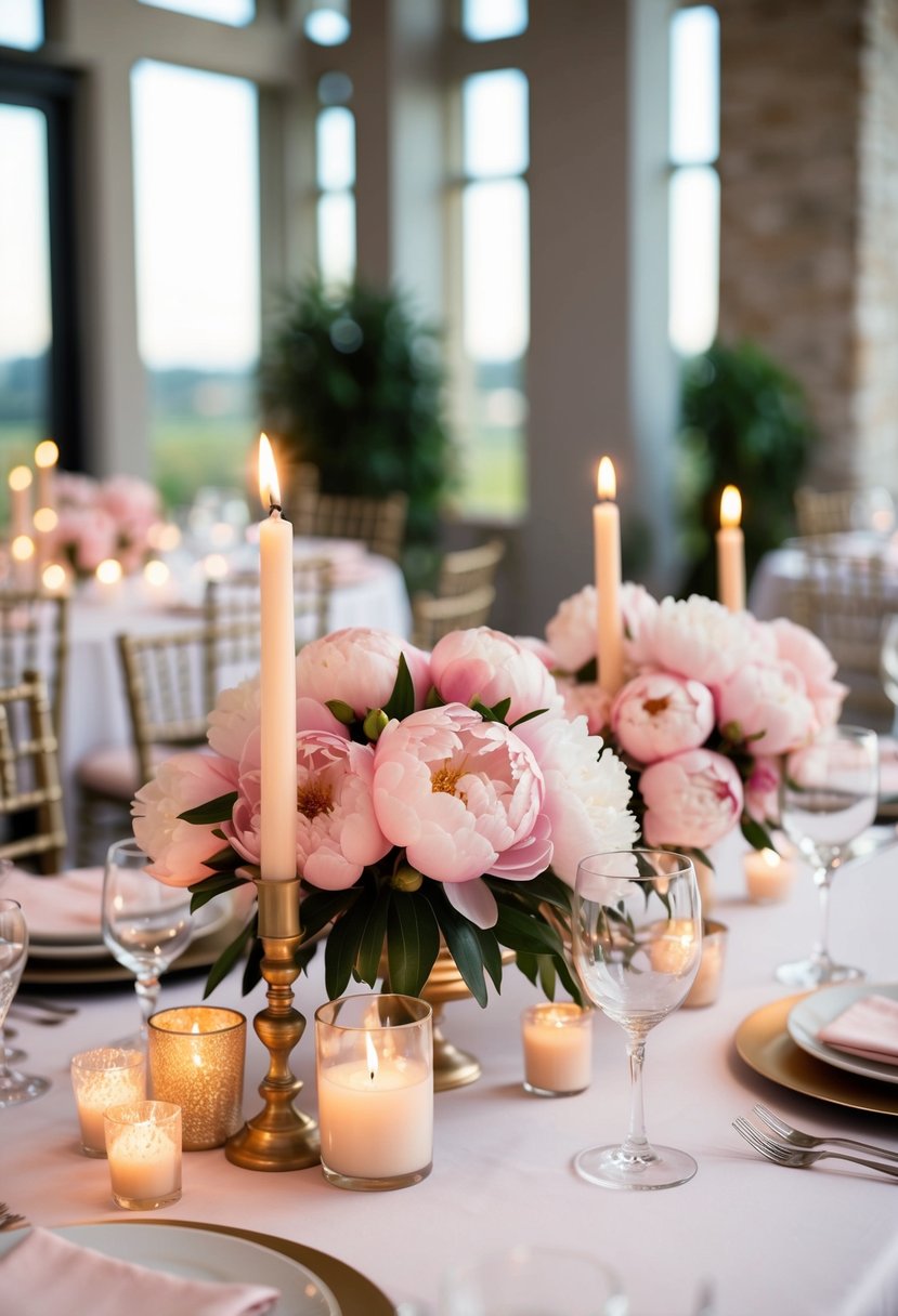 A table set with a romantic arrangement of blush peonies and candles, creating a dreamy wedding centerpiece