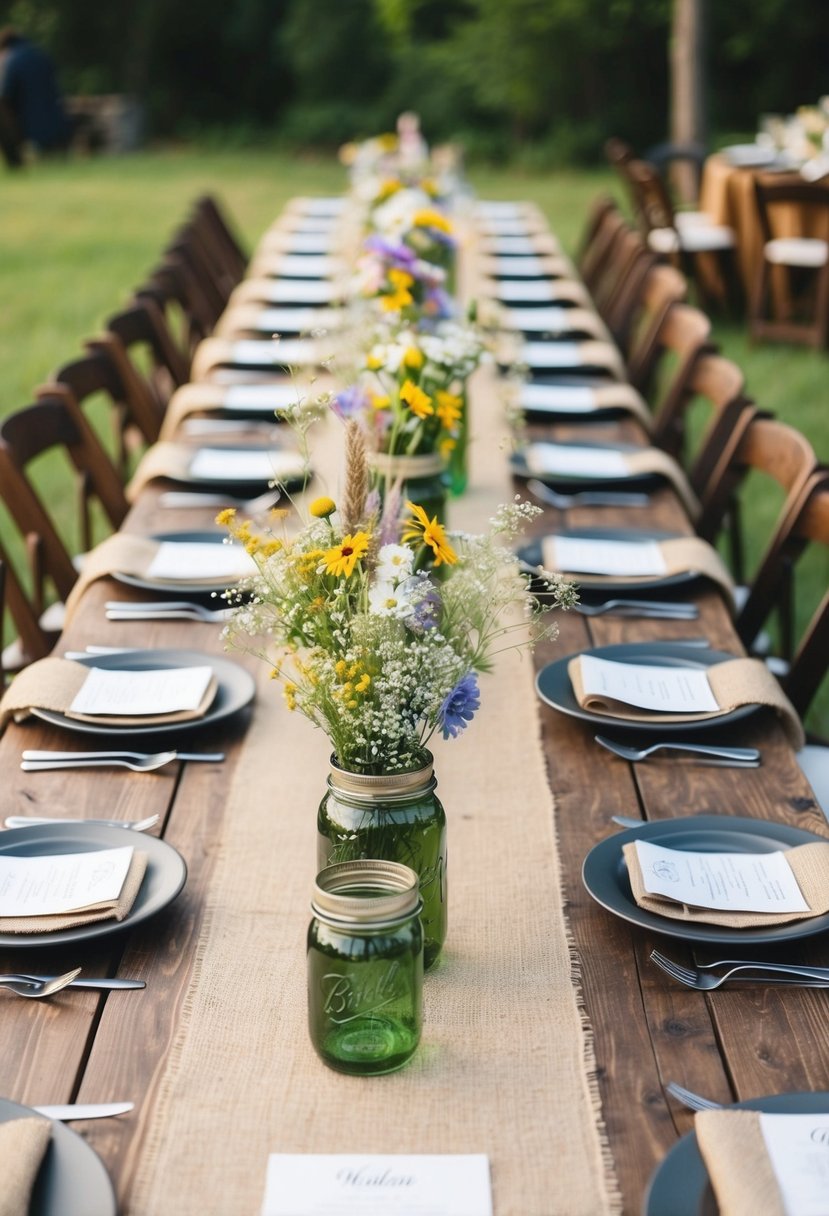 A wooden table adorned with burlap runners, mason jar centerpieces, and wildflower bouquets, set in a rustic outdoor wedding venue