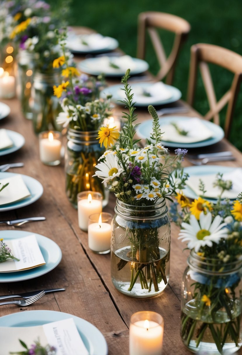 A rustic table set with jam jars filled with wildflowers and candles, creating a charming wedding centerpiece