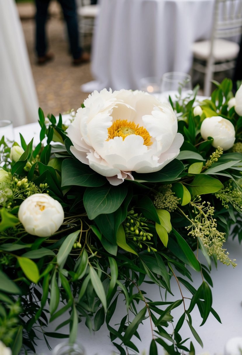 A lush wool felt peony surrounded by vibrant greenery atop a wedding table, creating a stunning centerpiece