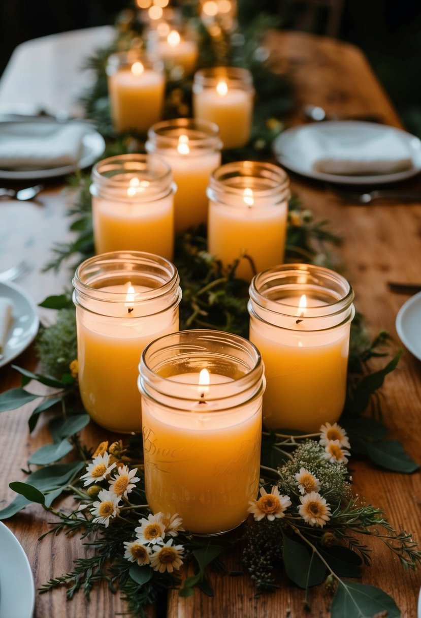 Jam jars filled with candles sit on a wooden table, casting a warm glow. Wildflowers and greenery surround them, creating a rustic and charming wedding centerpiece