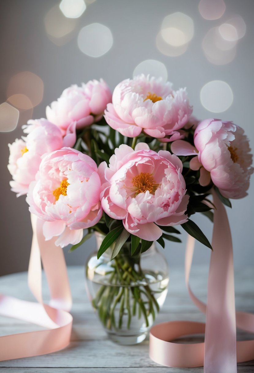 Pastel pink peonies arranged in a glass vase with flowing silk ribbons