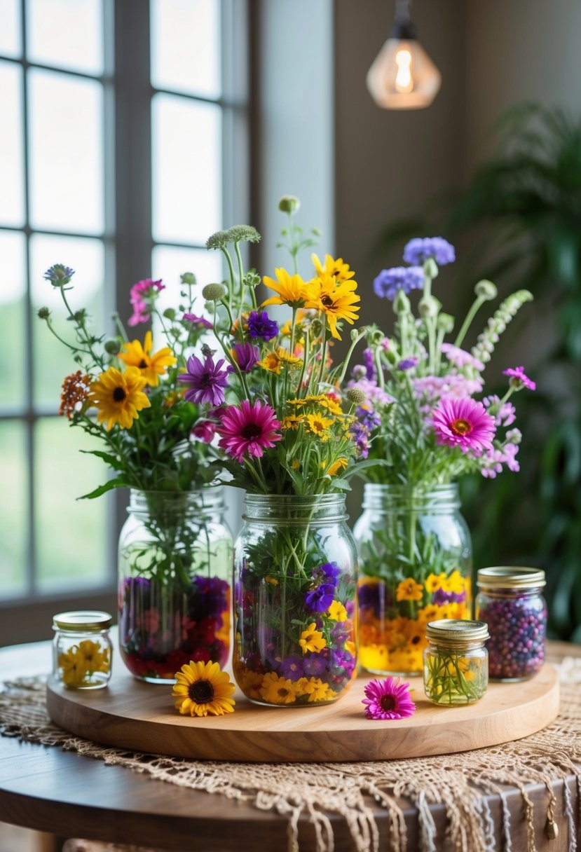 Jam jars filled with colorful wildflowers arranged on a wooden table with boho-inspired decor