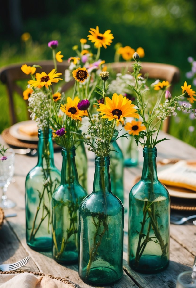 Rustic table adorned with vintage bottles filled with wildflowers