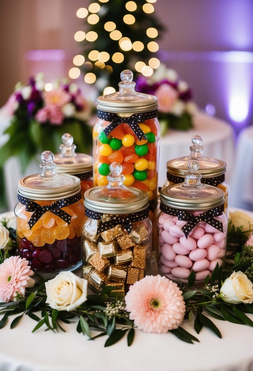 A jam jar candy bar with assorted sweets and decorative ribbons, arranged on a table with floral centerpieces and twinkling lights