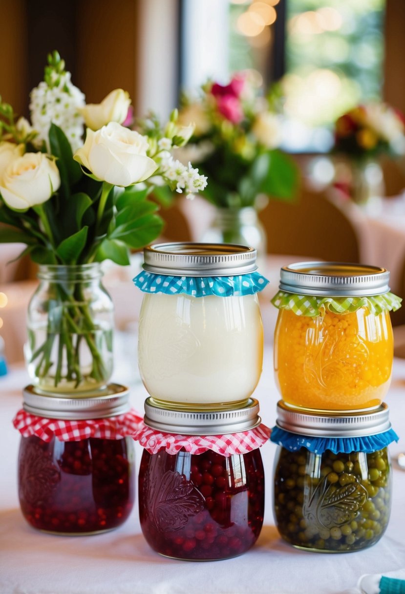 Several jam jars in wedding theme colors arranged as table decorations