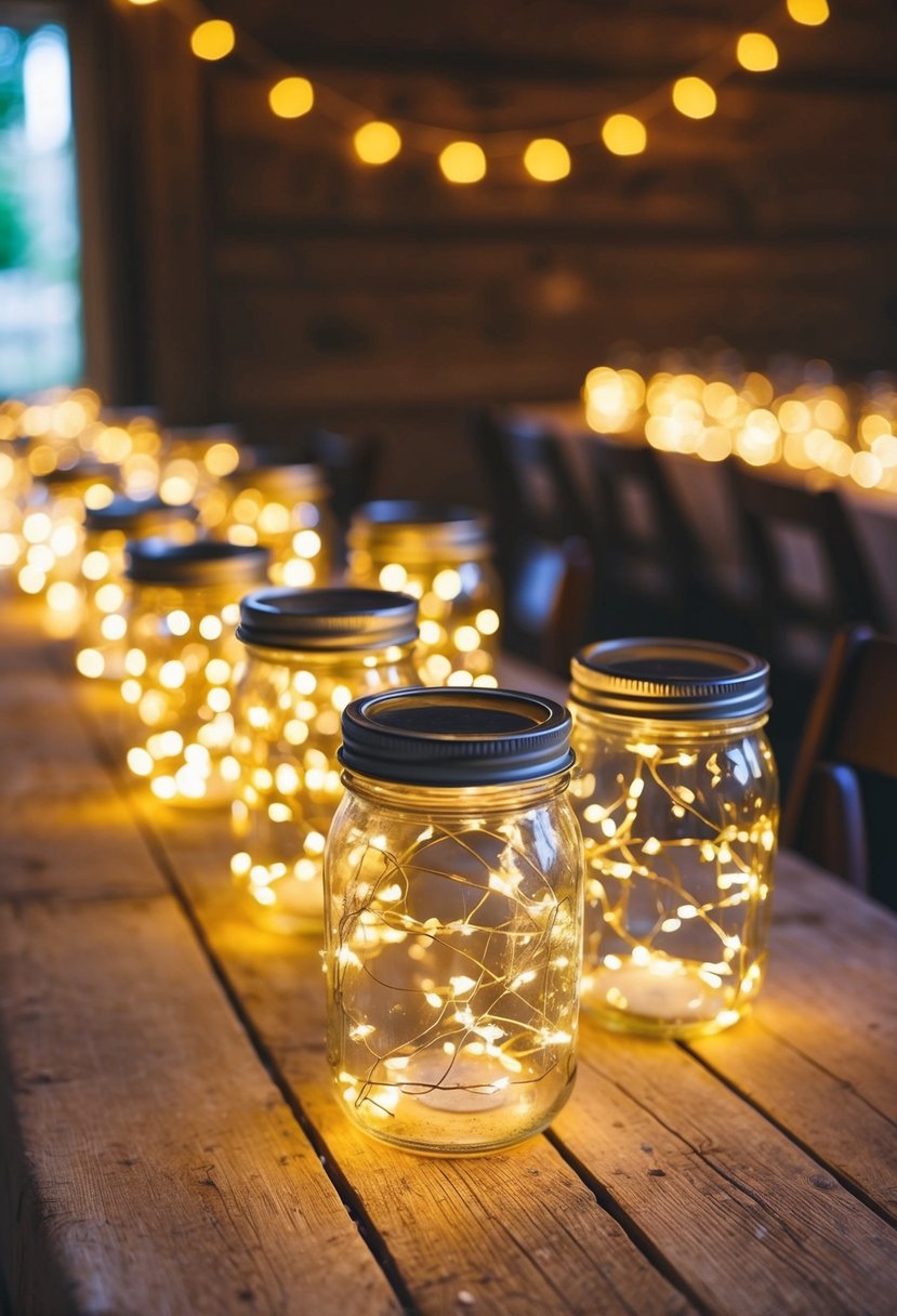 Jam jars filled with fairy lights illuminate a rustic wedding table, creating a magical and enchanting atmosphere