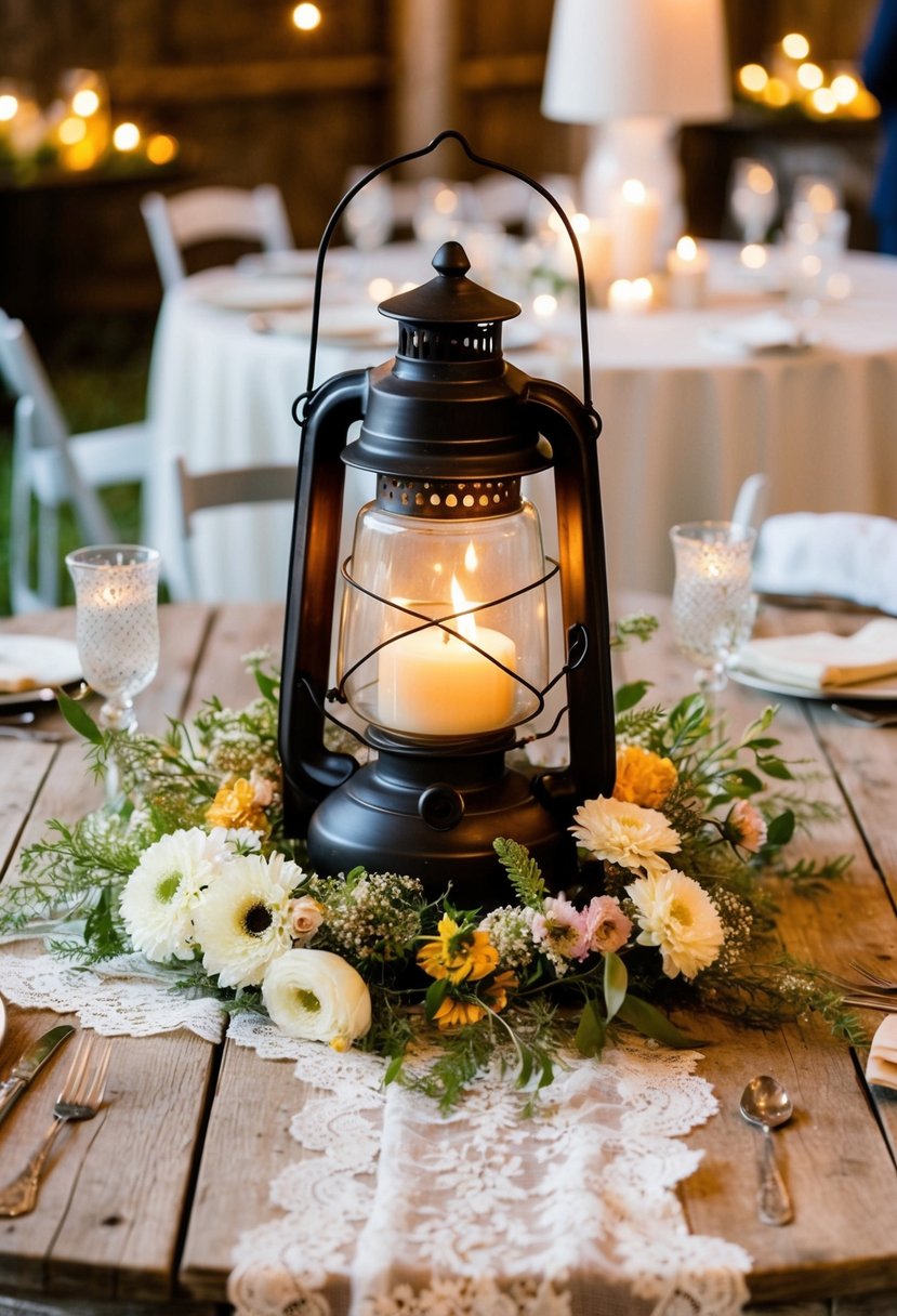 An antique lantern sits atop a weathered wooden table, surrounded by wildflowers and vintage lace. Warm candlelight flickers inside, casting a soft glow over the rustic wedding reception