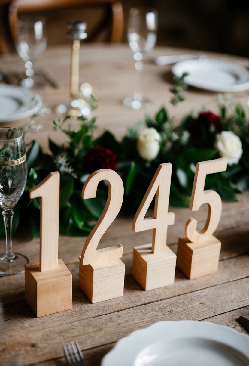 A set of wooden table numbers arranged on a rustic, vintage table with decorative elements