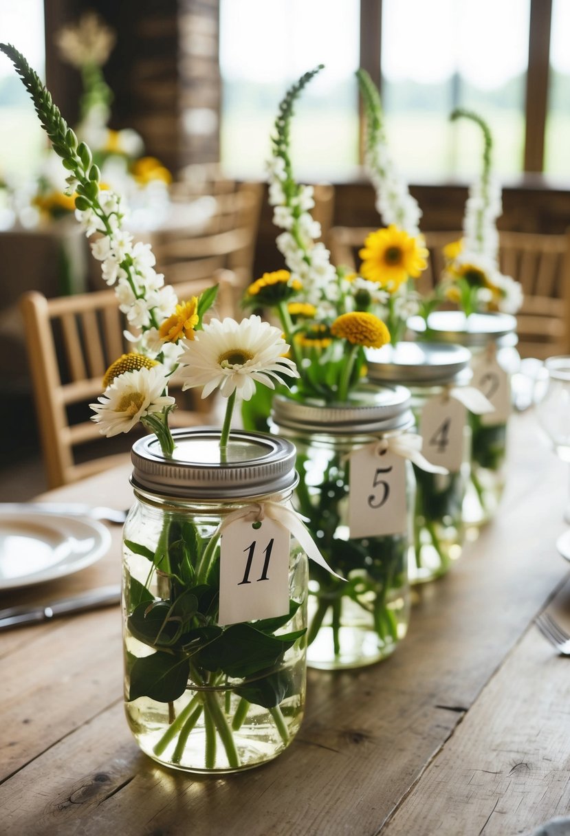 Jam jars filled with flowers and labeled with numbers, arranged on a rustic wooden table for a wedding reception