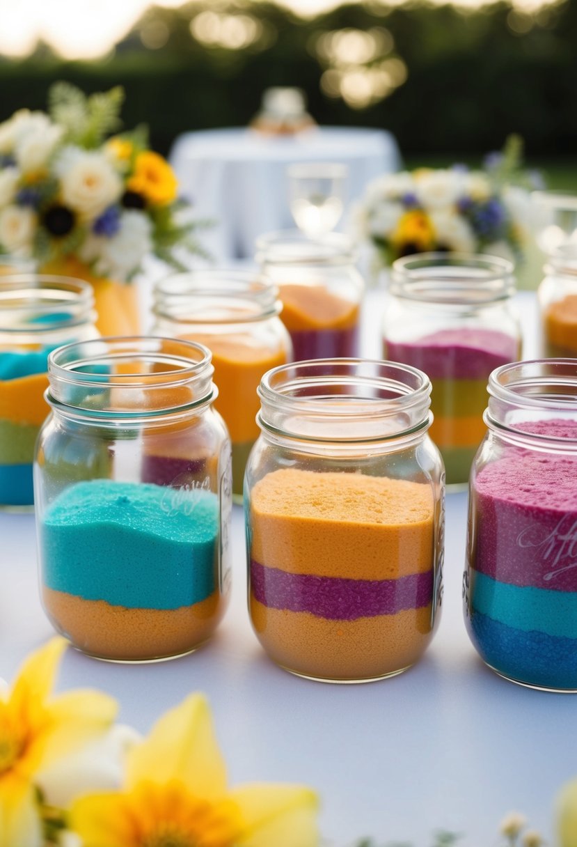 Vibrant layers of colored sand fill jam jars, arranged as wedding table decorations