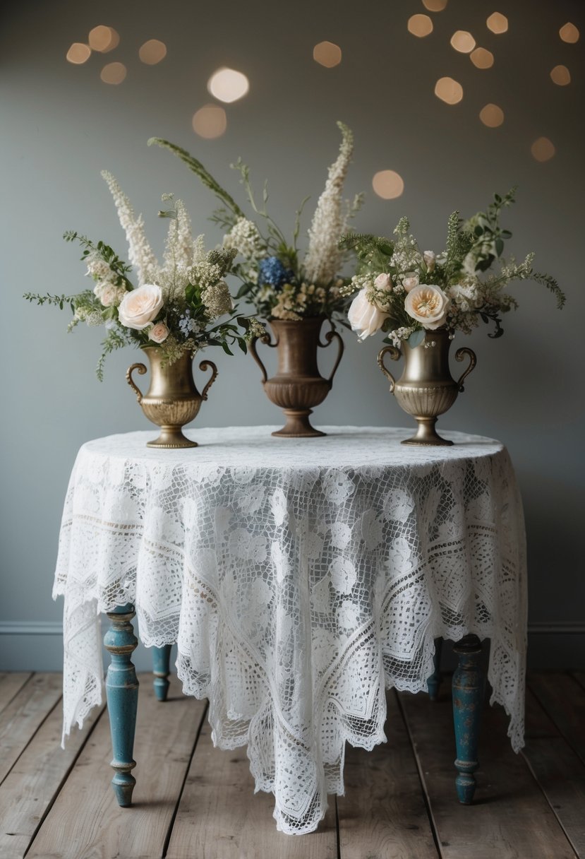 A lace tablecloth drapes over a weathered wooden table, adorned with antique vases and delicate floral arrangements