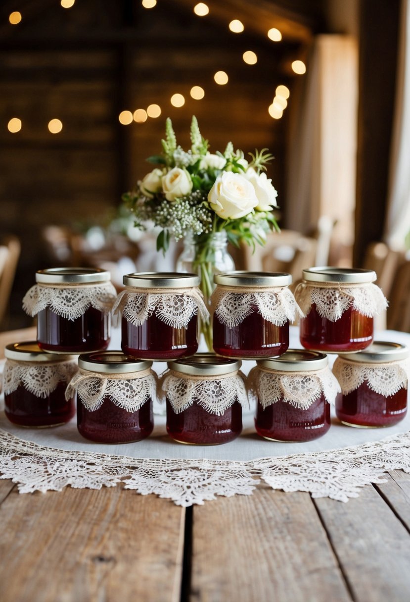 Lace and burlap-wrapped jam jars arranged on a rustic wedding table