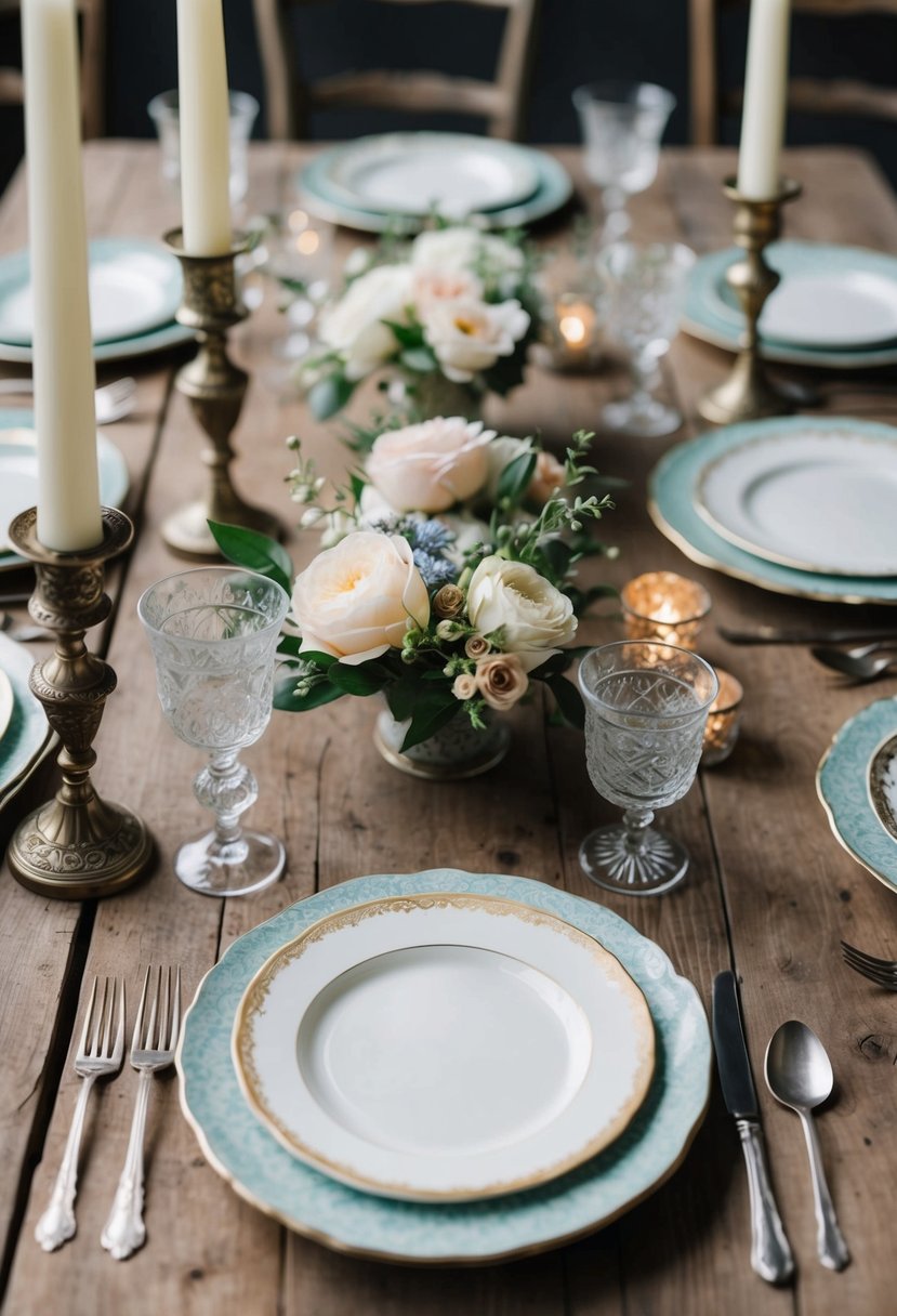 Vintage plates arranged in a mix-and-match pattern on a rustic wooden table, adorned with delicate floral centerpieces and antique candle holders