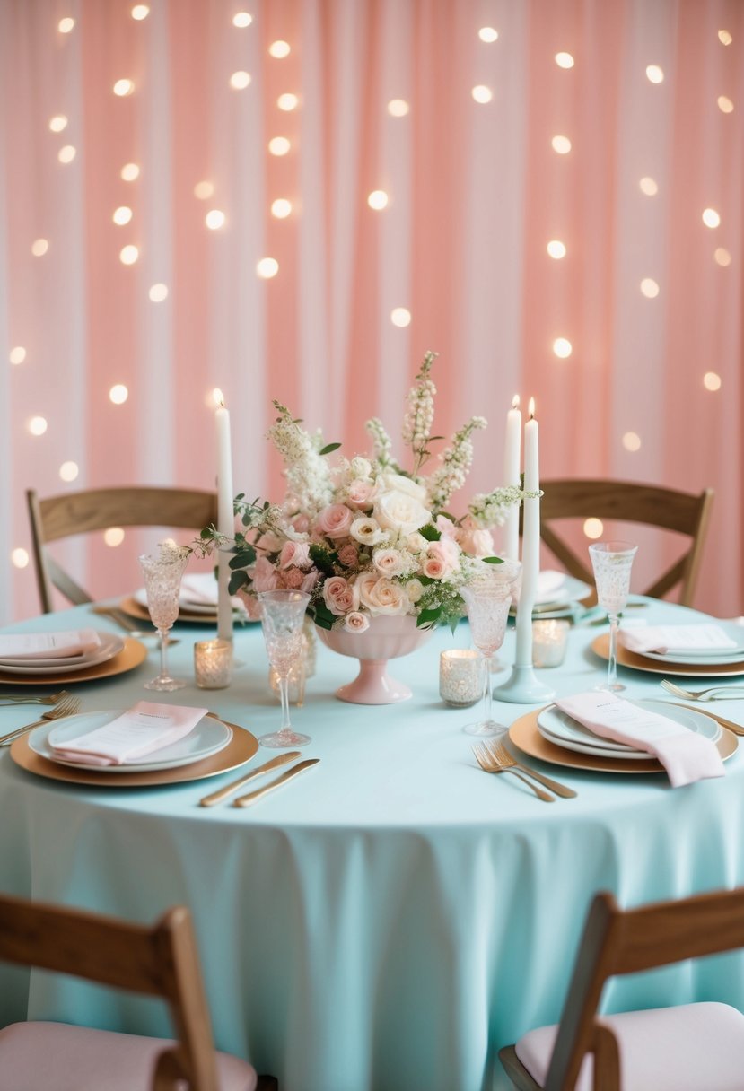 A pastel wedding table adorned with delicate flowers and candles