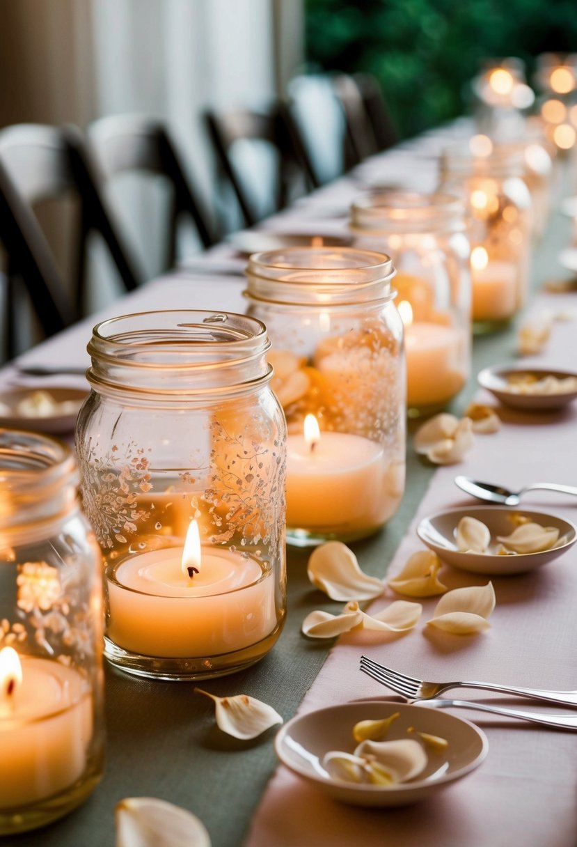 Jam jars filled with floating candles and delicate petals, arranged on a wedding table