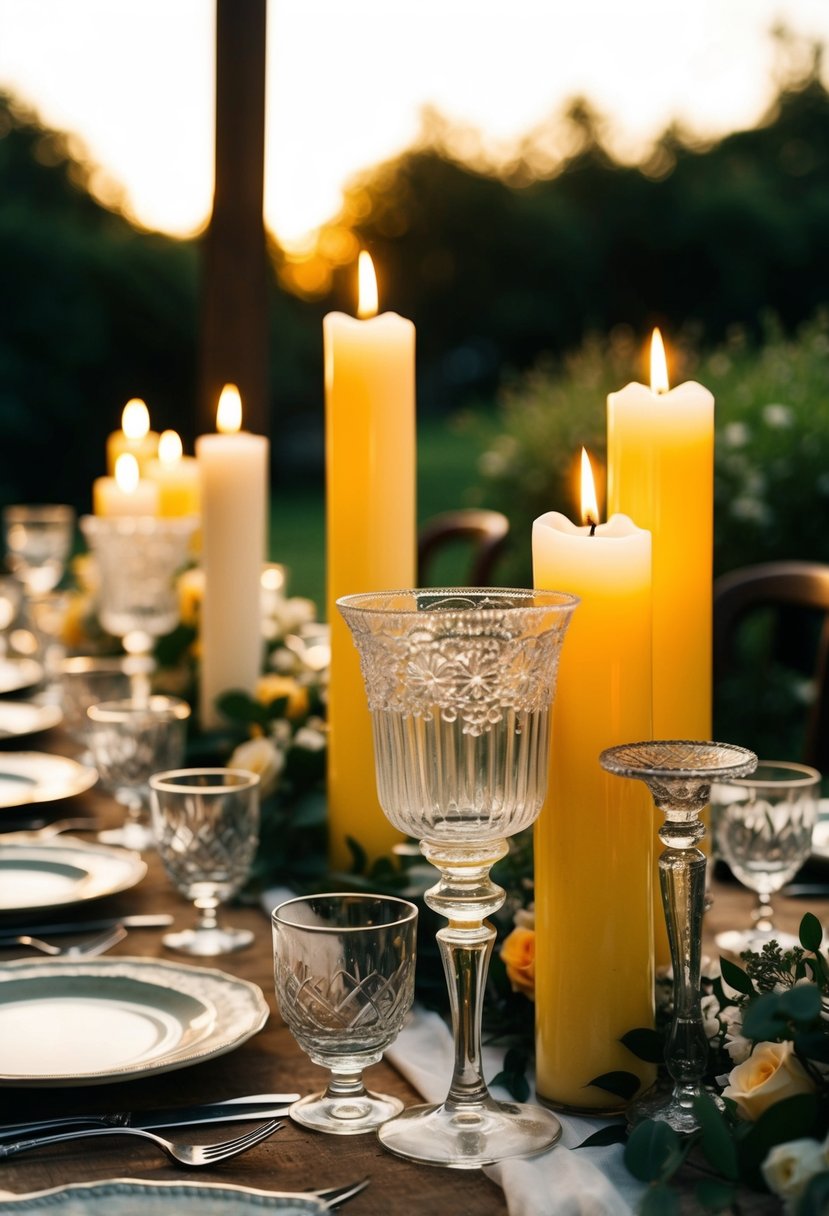 Mismatched glass candles adorn a rustic vintage wedding table, casting a warm glow