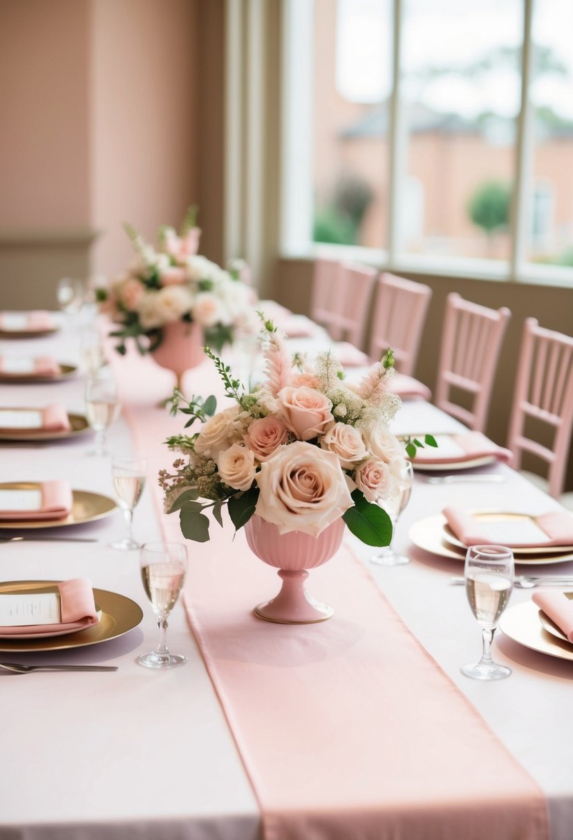 Blush pink table runners adorn a pastel wedding table, creating a soft and elegant atmosphere