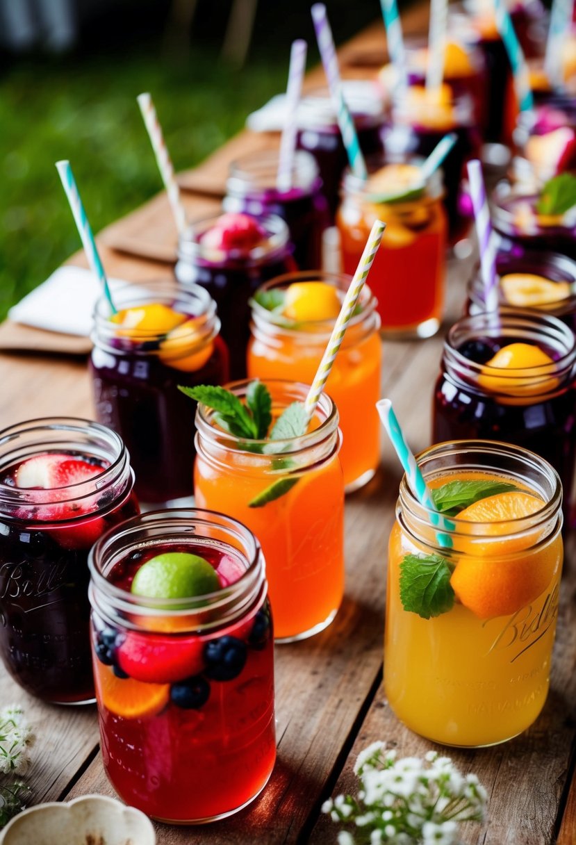 Jam jars filled with colorful cocktails, adorned with fresh fruit and decorative straws, arranged on a rustic wedding table