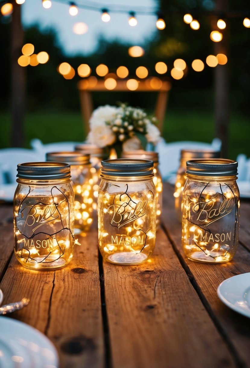 Mason jars filled with twinkle lights illuminate a rustic wedding table