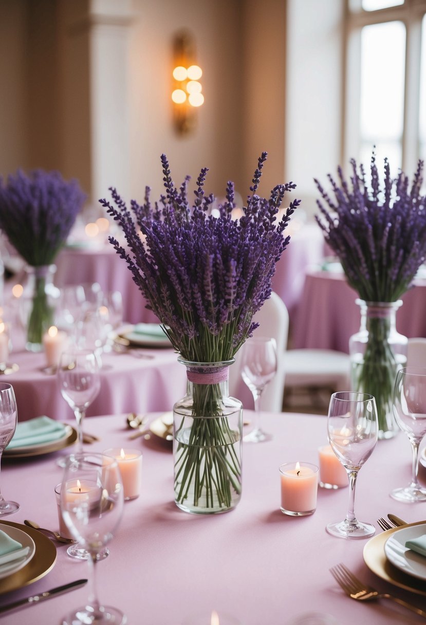 Lavender-scented candles arranged as centerpieces on pastel wedding tables