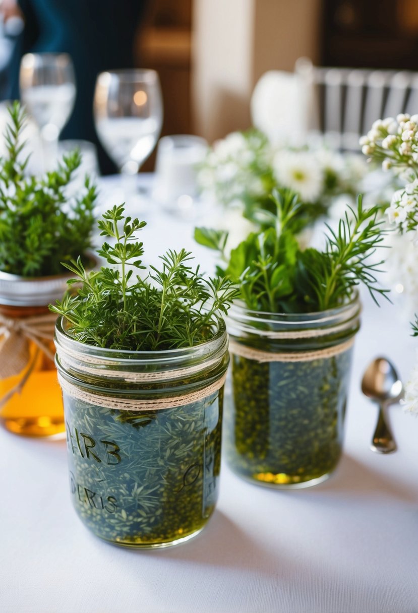 Herb-filled jam jars arranged as wedding table decorations