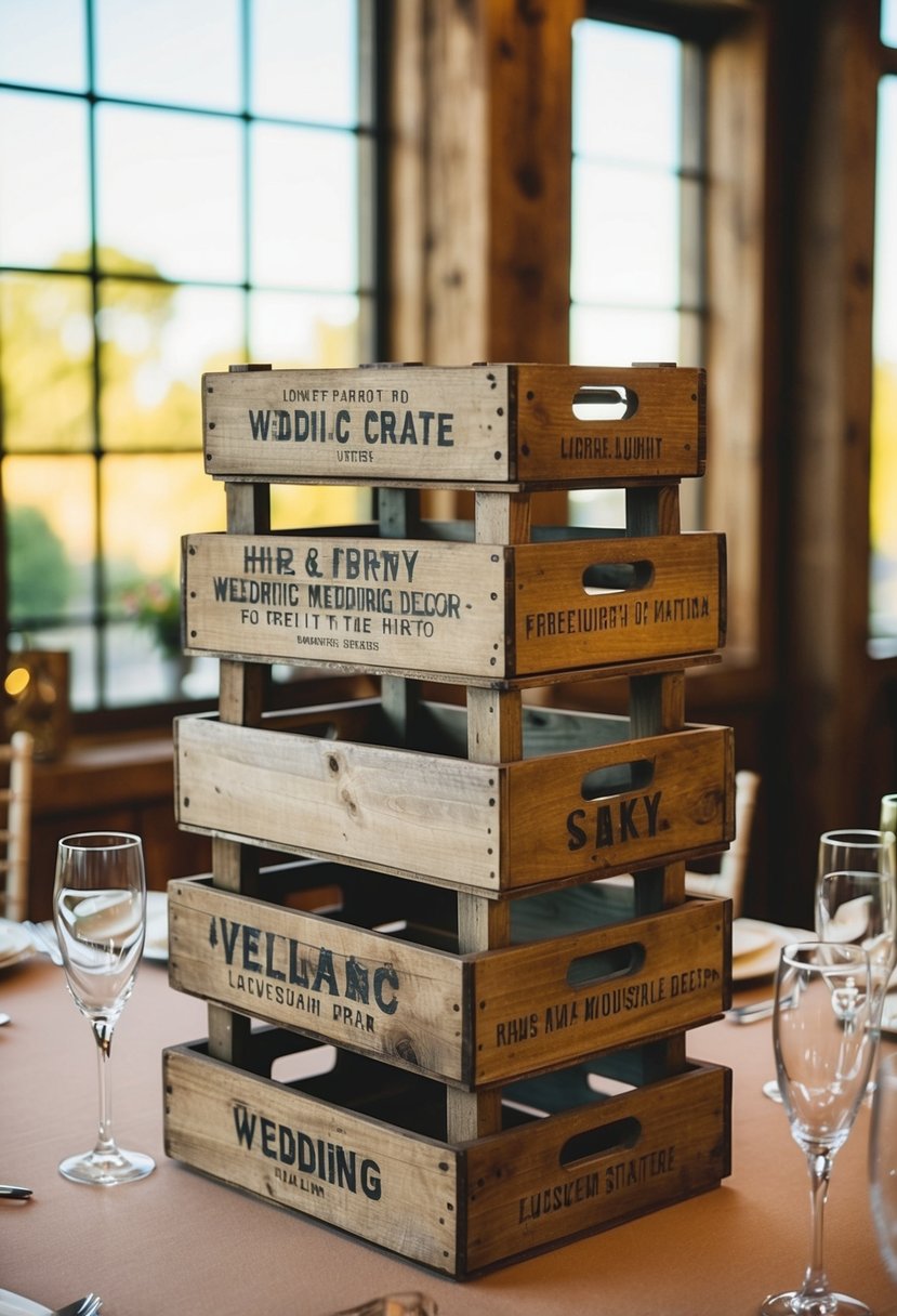 Rustic wooden crates stacked to create varying heights for vintage wedding table decor