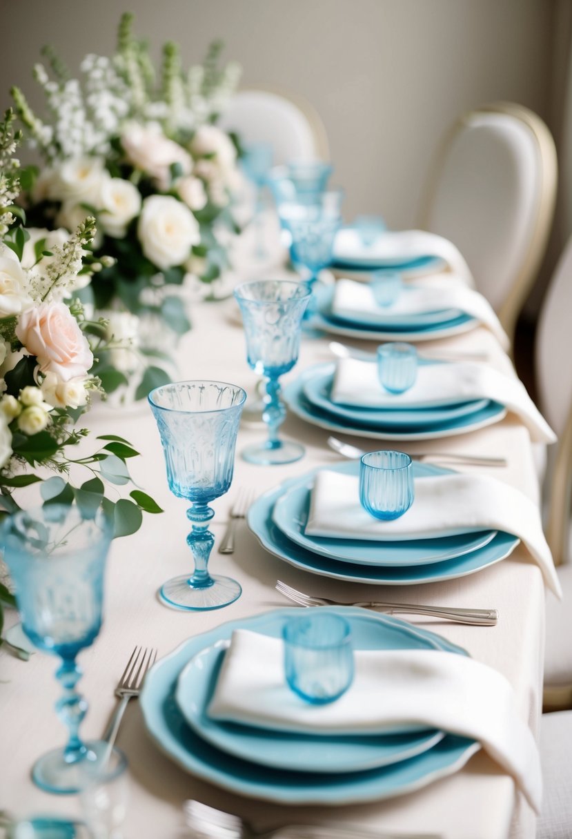 A table set with delicate pastel blue glassware, surrounded by soft floral centerpieces and elegant white linens