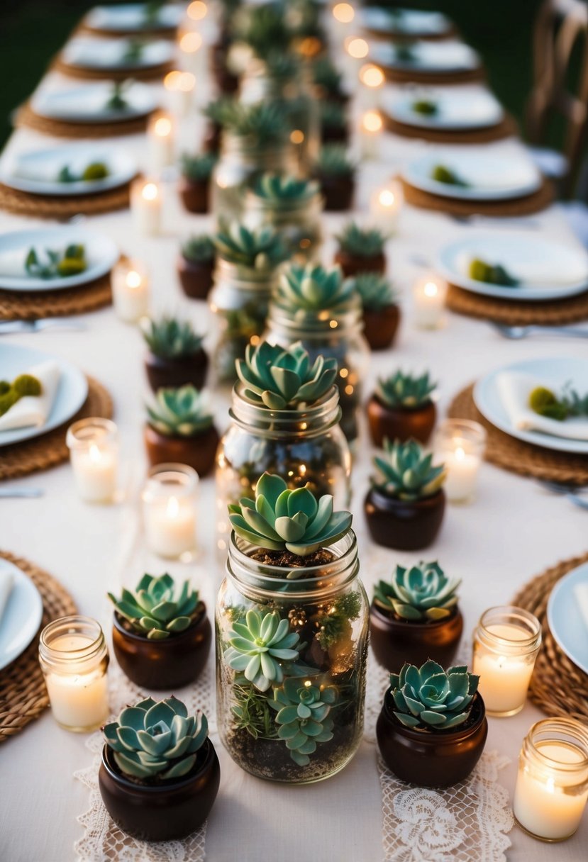 Empty jam jars filled with succulents, arranged in clusters on wedding tables, surrounded by delicate lace and twinkling tea lights