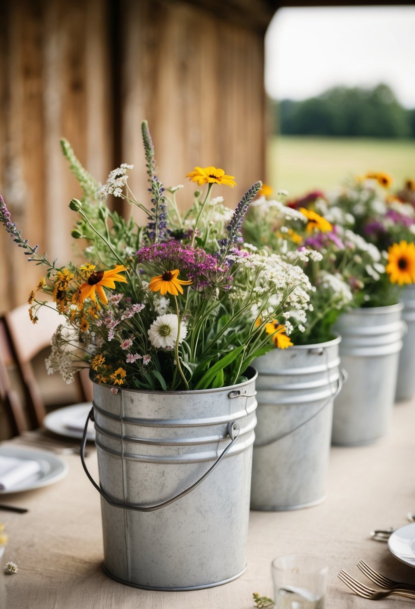 Rustic galvanized buckets filled with wildflowers on a vintage wedding table