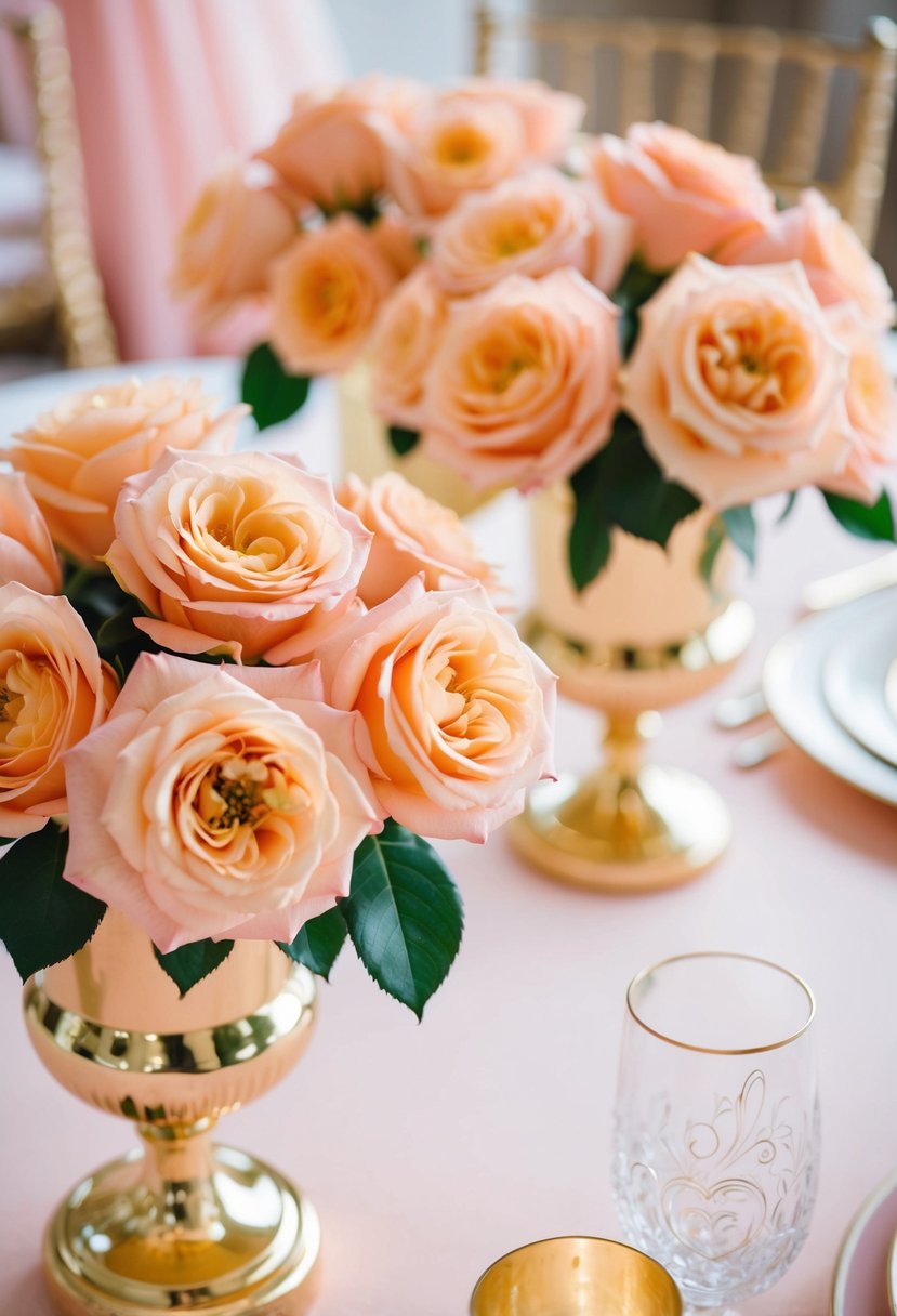 Peach roses in golden vases adorn a pastel wedding table