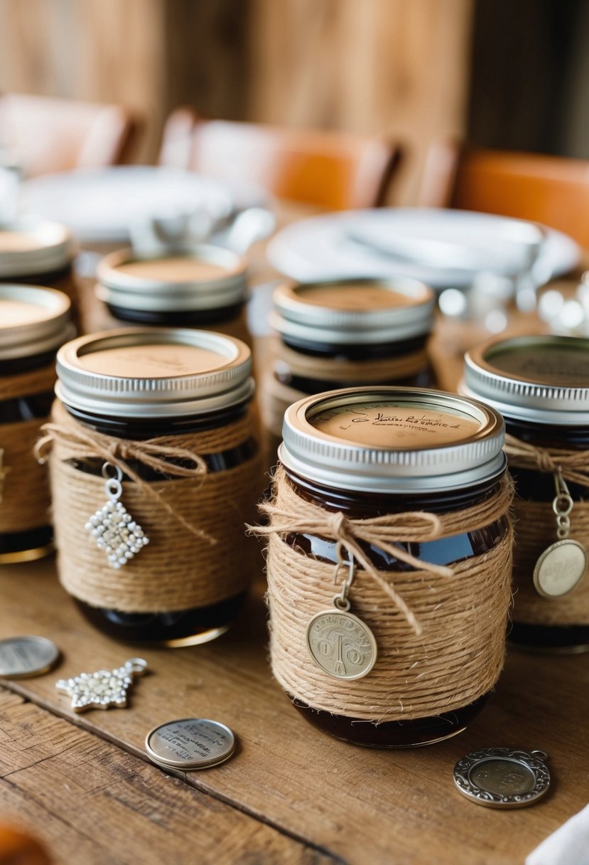 Jam jars wrapped in twine, adorned with small charms, arranged on a rustic wedding table