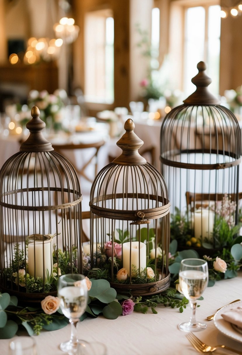 A collection of vintage-inspired birdcages adorned with rustic florals and greenery, serving as elegant table decorations for a vintage wedding