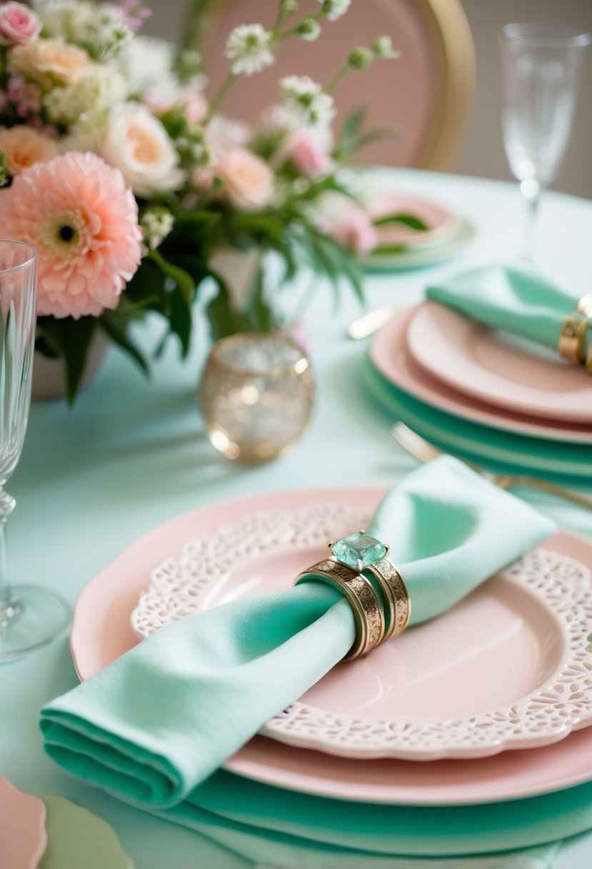 Mint green napkin rings placed on pastel table setting with delicate floral centerpieces